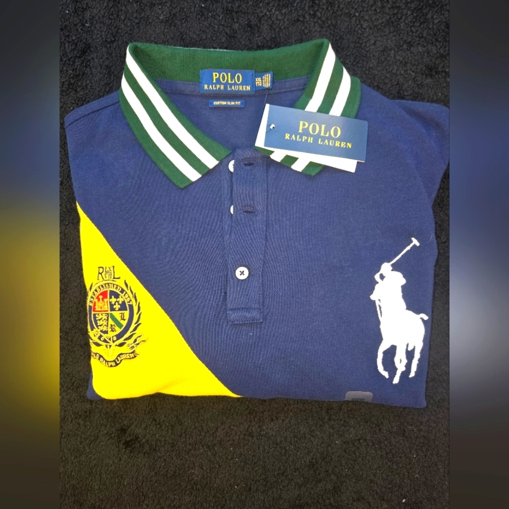 Polo by Ralph Lauren Navy and Yellow Polo Shirt XXL/TTG Custon Slim FIT
